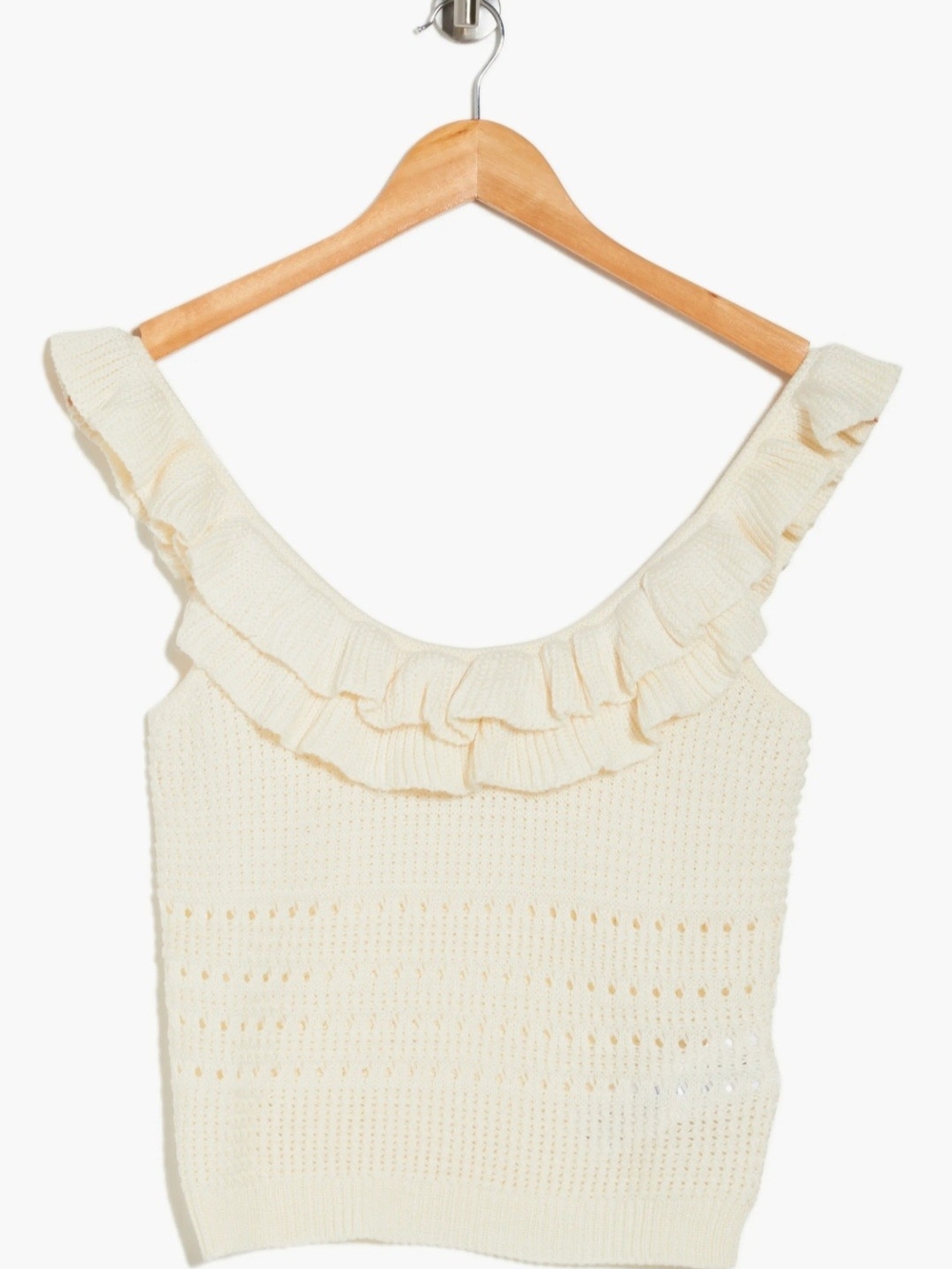 7 For All Mankind Openwork Crochet Ruffle Neck Sweater Tank Large Cream/Ivory